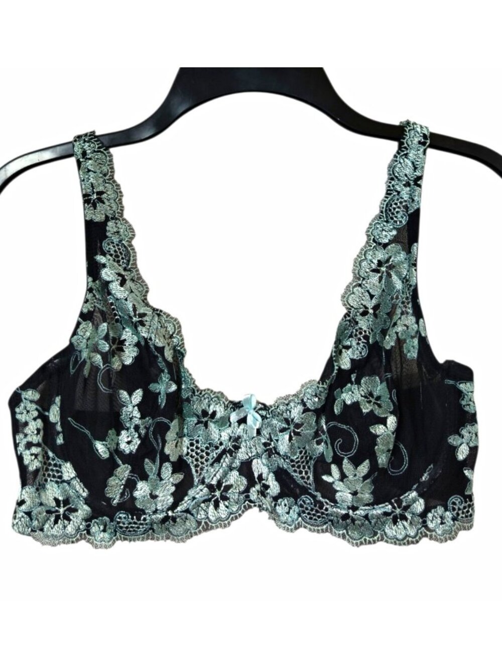 Women’s Underwire Unlined Bra 36C Black Blue Floral Lace Mesh